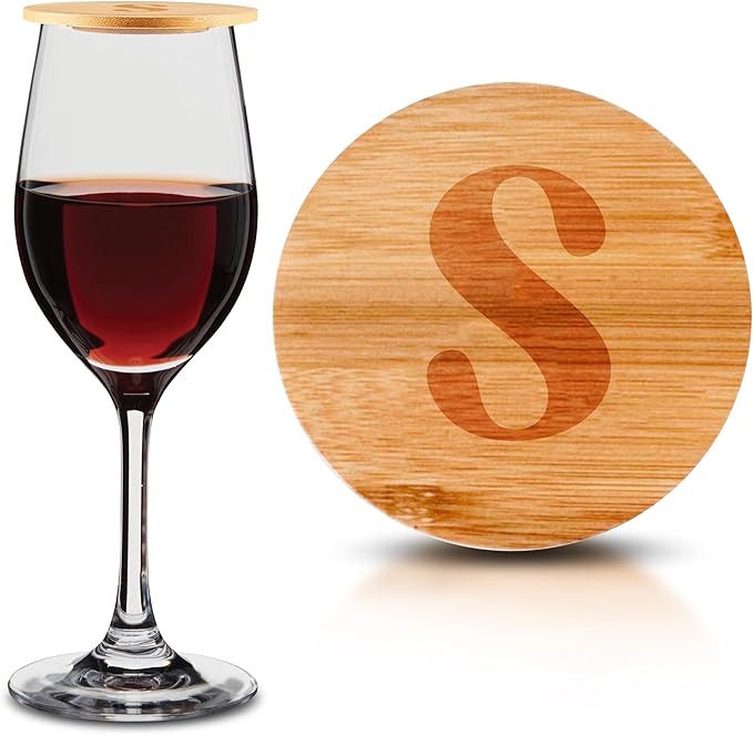 Personalized Wine Glass Charcuterie Topper - Custom Laser Engraved Initial Bamboo Wine Glass Topper Stopper Coasters Plate ID Identification Wine Glass Charcuterie Board Topper (Letter S)