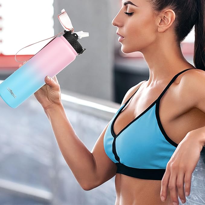 GOPPUS 32 oz Sports Water Bottle 1 Liter Double Wall Insulated Stainless Steel Water Bottles with Straw Lid Reusable Leak proof Metal water bottles with Strap Handle(Pink Blue 1 lid)