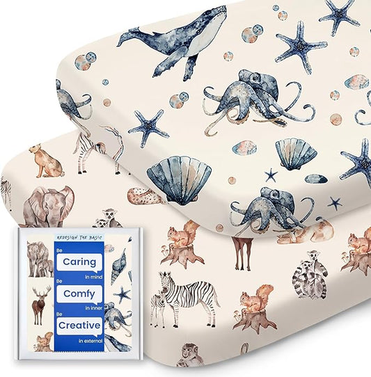 Bassinet Sheets for Baby Boy Girl, TotBasic Buttery Soft Universal Bassinet Fitted Sheet, Compatible with Halo, Mika Micky, Baby Delight, Dream On Me, Maxi COSI and More Bassinet Mattress(Ocean&Zoo)