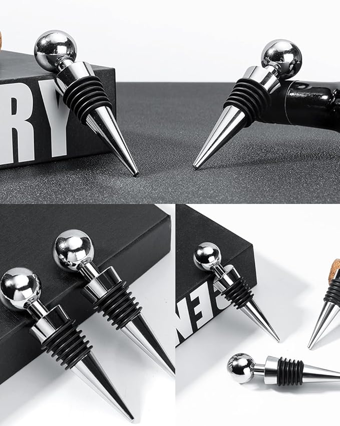 Seal Wine Stoppers, 4-Pack - Durable Silicone & Stainless Steel Wine Bottle Corks, Reusable & Leakproof, Keeps Wine Fresh, Fits Standard Bottles (Silver)