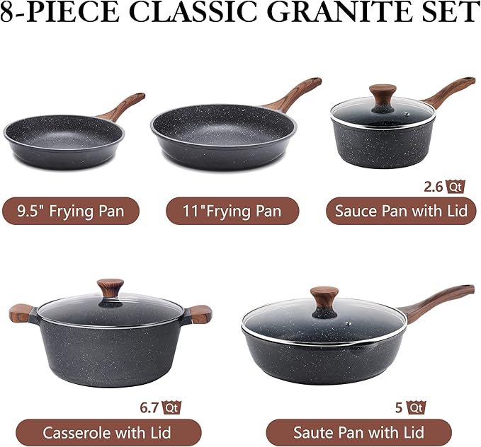 SENSARTE Nonstick Cookware Set 8-Piece, Healthy Pots and Pans Non-toxic Kitchen Cooking Set with Swiss Granite Coating, Stay-Cool Handles, Induction Compatible, PFOA free