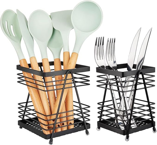 RedCall Utensil Holder for Kitchen Counter,Rectangular Matte Black Spoon Spatula Holder,Metal Steel Wire Cooking Utensil Crock Caddy Organizers,Elegant kitchen utensil holder for countertop (2 Pack)