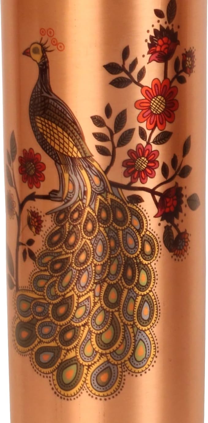Pure Copper Water Bottle - Handcrafted - Ayurveda health benefits - Large 35 oz - Leak proof - Easy to carry for Sports, Fitness, Yoga, School - Natural Copper Finish Peacock Motif Enamel