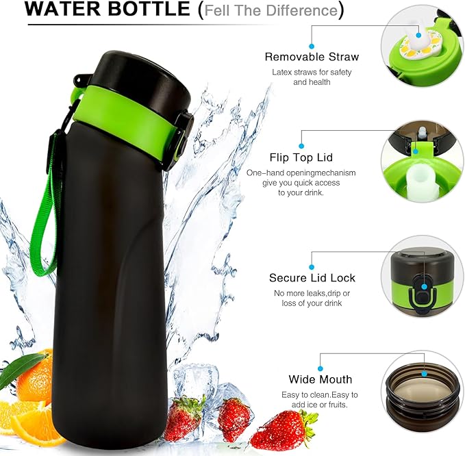 Air Water Bottle with Flavor Pods, 750ML Scent Water Cup with Flavor Pods Box,0% Sugar Fragrance Water Bottle Suitable for Outdoor Sports (Blackgreen+1pods)