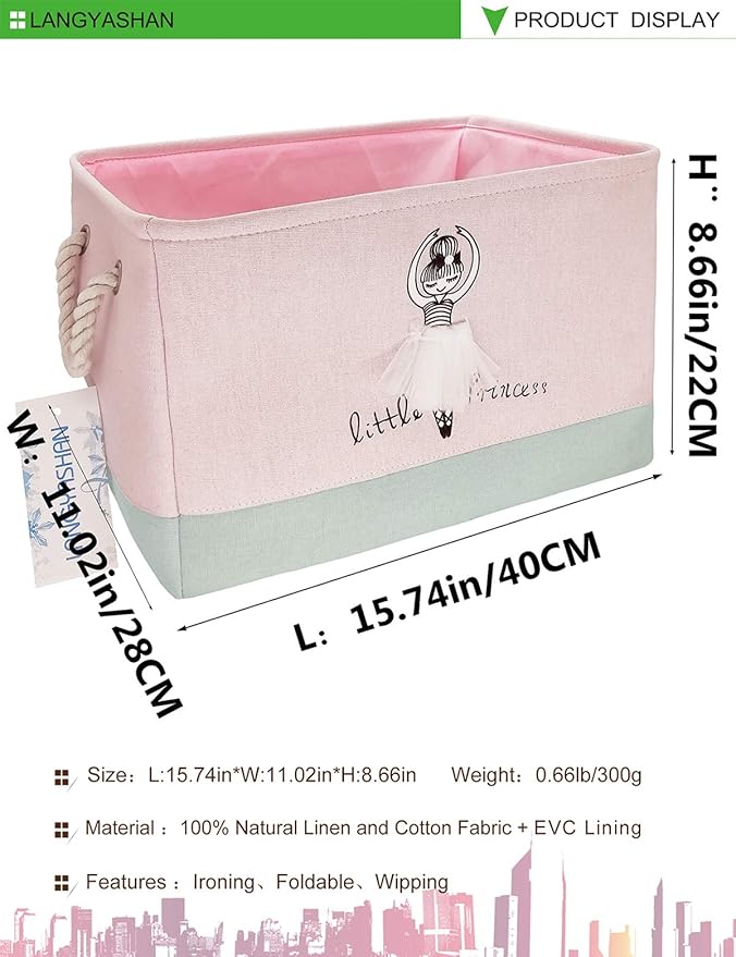 LANGYASHAN Rectangular Storage Bin Collapse Canvas Fabric Cartoon Storage Basket with Handles for Organizing Home Kitchen Boys and Girls Toys Office Closet Shelf Baskets (Girl)