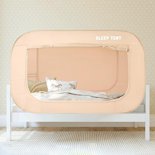 BORNA Bed Canopy Bed Tent Dream Tents Autism Shelter Cabin Indoor Sleeping Tents Privacy Warm Breathable Pop Up Twin Size Double Door with Mosquito Mesh Window for Kids and Adult (Khaki)