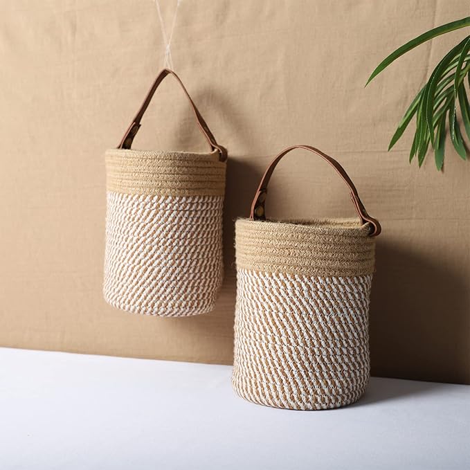 Hanging Basket(2Piece) Wall Woven Cotton Rope Storage Basket with Leather Decorative Baskets Organizer for Kitchen Office Bedroom,Plants,Towels, Toys Khaki