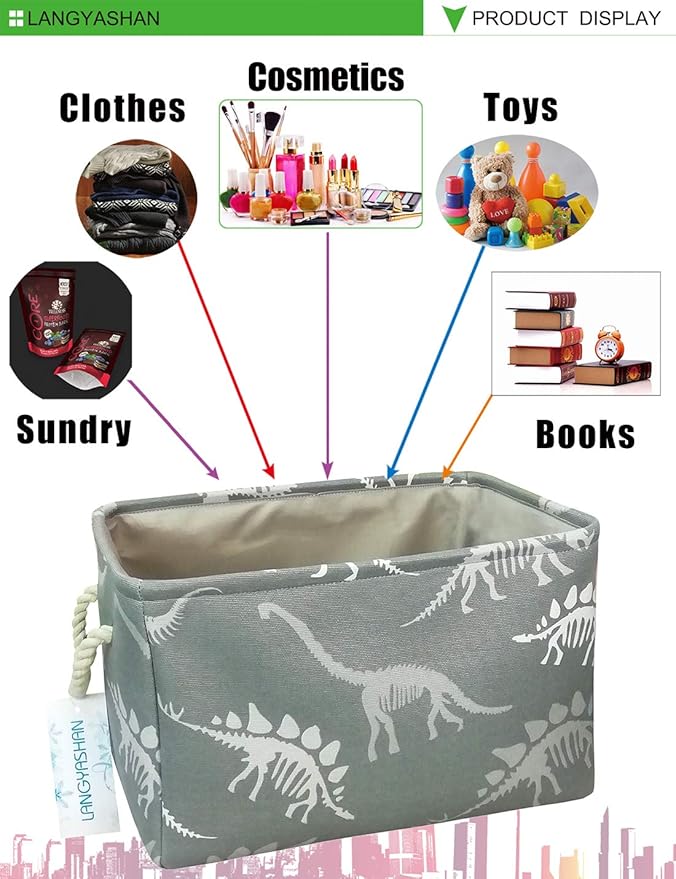 LANGYASHAN Rectangular Storage Bin Collapse Canvas Fabric Cartoon Storage Basket with Handles for Organizing Home Kitchen Boys and Girls Toys Office Closet Shelf Baskets (Rec Gray Dinosaur skeleton)