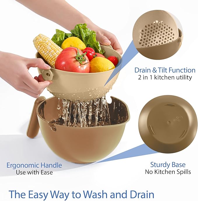 Chef's Path 2 in 1 Kitchen Strainer and Colander for Kitchen, Multifunctional Food Strainer Set, BPA Free Plastic Colander with Handle, Pasta Drainer, Veggie and Fruit Cleaner - Peach