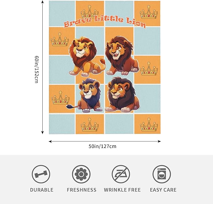 Cute Cartoon Flannel Blanket for Kids, 50" L x 60" W Inches โ Soft and Cozy Plush Throw Blanket for Boys and Girls โ Perfect for Bed, Couch, or Travel (Lion)