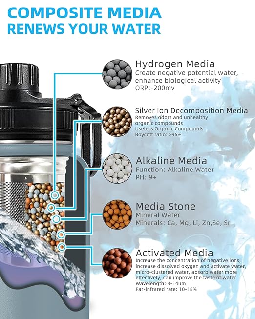 30oz Stainless Steel Portable Alkaline Filter Water Bottle, Creates Up To 9+ Ph Of Quality Water, Sports Travel Water Bottle, Removes Water Impurities(grey)