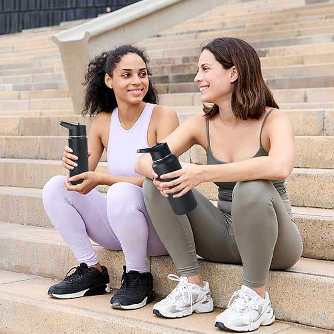 Stainless Steel Water bottle with Straw & Wide Mouth Lid, Wide Rotating Handle, 32oz Double Wall Vacuum Insulated Water Bottle Leak Proof, BPA Free, Keep Cold and Hot, 32oz, Black