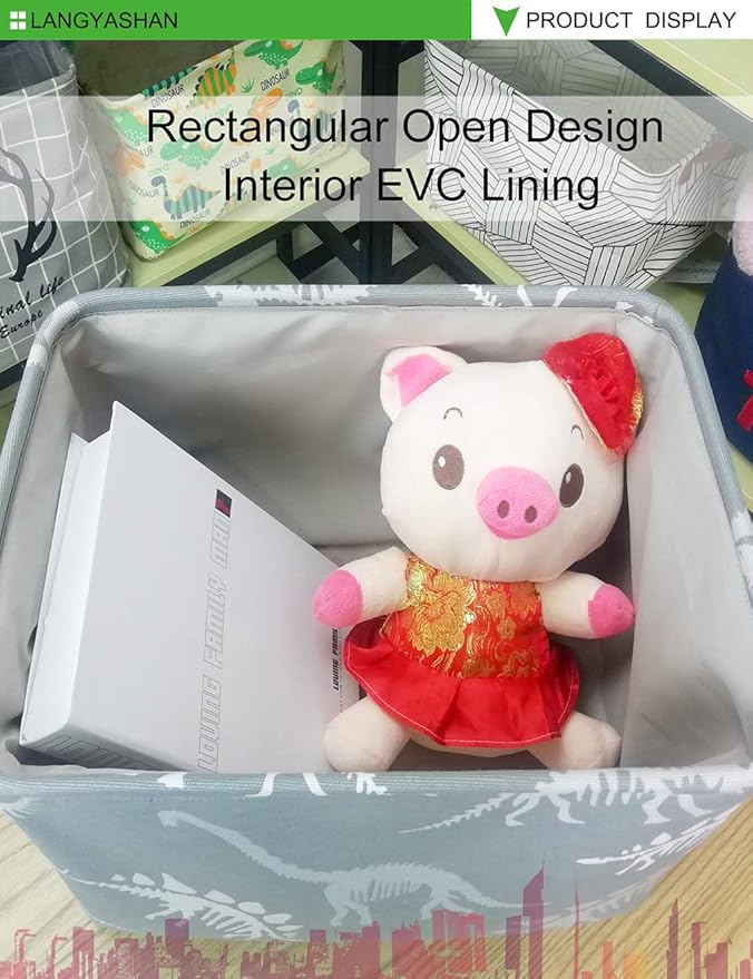 LANGYASHAN Rectangular Storage Bin Collapse Canvas Fabric Cartoon Storage Basket with Handles for Organizing Home Kitchen Boys and Girls Toys Office Closet Shelf Baskets (Rec Gray Dinosaur skeleton)