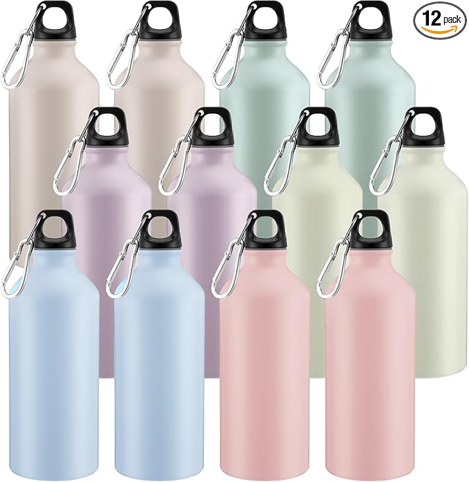 Domensi 12 Pcs 20oz Aluminum Water Bottles Bulk Reusable Water Bottles Lightweight Leak Proof Aluminum Sports Bottles with Twist Cap Buckle for Gym, Hiking, Cycling, Camping, Fishing