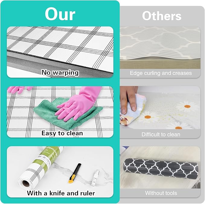 Shelf Liner,Drawer Liner for Kitchen Cabinet,24 in x 10 FT Cabinet Liners Non-Adhesive Non-Slip Contact Paper Waterproof Kitchen Liner Protect Desks, Cupboard with Knife and Tape Measure