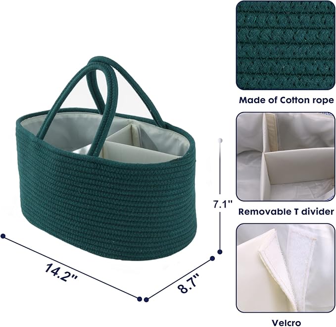 Baby Diaper Caddy Organizer for Girl Boy Rope Nursery Storage Bin Basket Portable Holder Tote Bag for Changing Table Car Travel Baby Shower Gifts Newborn Essentials Registry Must Have Items Dark Green