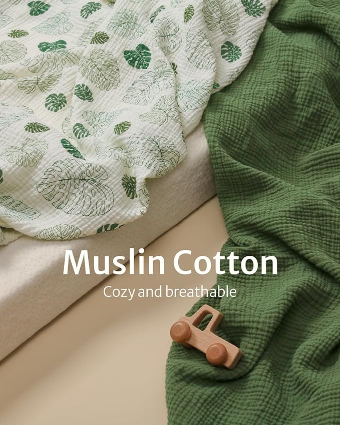 Blissful Diary Muslin Mini Crib Sheets, Pack and Play Mattress Sheets Fitted for Pack N Play, Soft Cotton for Boys Girls, 2 Pack(Monstera&Dark Green)