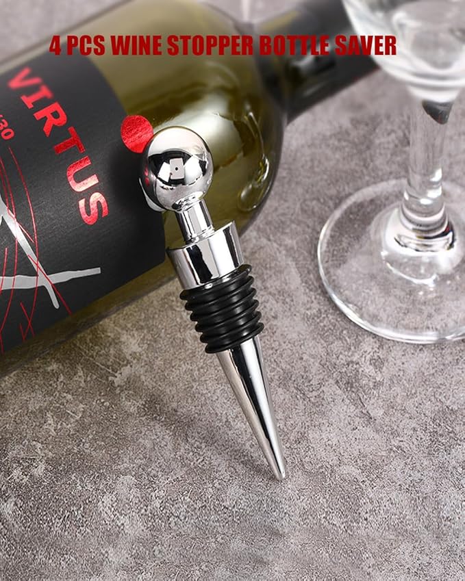 Seal Wine Stoppers, 4-Pack - Durable Silicone & Stainless Steel Wine Bottle Corks, Reusable & Leakproof, Keeps Wine Fresh, Fits Standard Bottles (Silver)