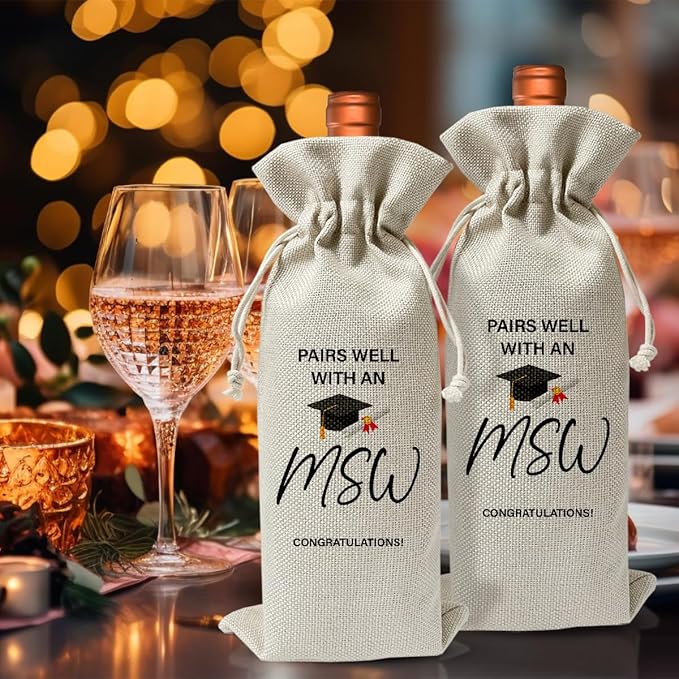 MSW Gift Wine Bag, Pairs Well With An MSW, College Graduation Party Decor, Master'S Degree Graduation Gift Wine Bag For Her Grad Best Friend, Drawstring Reusable Burlap Wine Bag