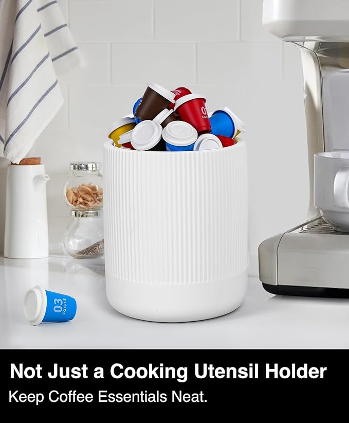 Instant Dry Stone Utensil Holder for Kitchen Counter, H7" Large Diatomite Kitchen Utensil Holder for Countertop, Cooking Utensil Crock with Water Absorbent, Farmhouse Kitchen Counter Decor,White