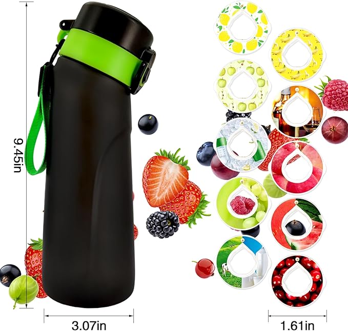 Air Water Bottle with Flavor Pods, 750ML Scent Water Cup with Flavor Pods Box,0% Sugar Fragrance Water Bottle Suitable for Outdoor Sports (Blackgreen+10pods)