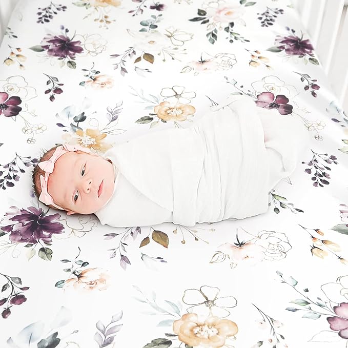 GRSSDER Stretchy Ultra Soft Jersey Knit Fitted Crib Sheets Set 2 Pack,Fits All Standard Crib Mattress Pads Safe and Snug, Pretty Purple Flora Botanical for Baby Girls