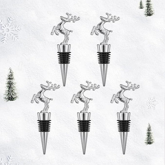 Christmas Wine Bottle Stoppers 5-Packs - Wine Saver Zinc Alloy Silicone, Reusable Leak Proof Keep Fresh Wine Corks, for Gifts, Bar, Holiday, Party, Wedding, Camping for Standard Bottle (Deer)