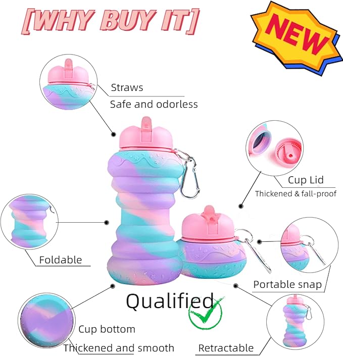 Collapsible Water Bottles,Foldable Sport Cups,Leak Proof Reusable Bpa Free Water Bottles,21oz Mixed Colors Design,for Outdoor, Travel Gym Hiking Pink