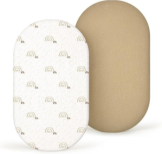 Muslin Bassinet Sheets Baby: Cotton Bassinet Sheets Fitted for Boys and Girls - Bassinet Sheets for Oval Rectangle or Hourglass Mattress(Khaki Rainbow)