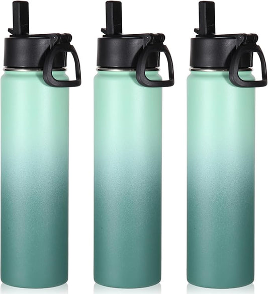 Volhoply 24oz Insulated Water Bottle With Straw Bulk 3 Pack,Metal Wide Mouth Water Bottles With Handle Lid Keep Cold,Reusable Double Wall Thermos,Powder Coated Sport Bottle For Holder(Mojito,3 Count)