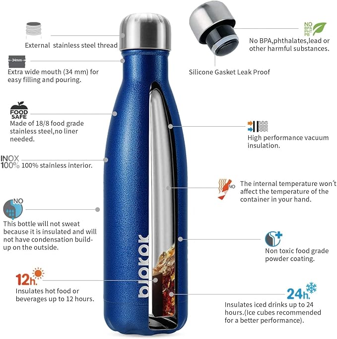 BJPKPK Insulated Water Bottles 17oz, Leak Proof Stainless Steel Water Bottle Keeps Cold for 24H and Hot for 12H, BPA Free Water Bottle,Blue