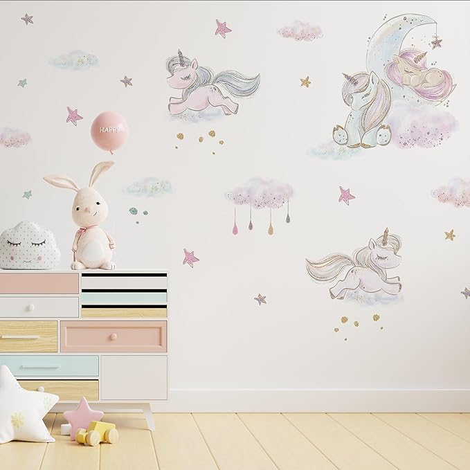 Unicorn Wall Decals for Kids by Lipastick - Unicorn Wall Stickers Peel and Stick - Wall Decals for Girls Kids Baby Nursery Bedroom - Kids Colorful Decals Glittered Moon Stars Clouds S Size