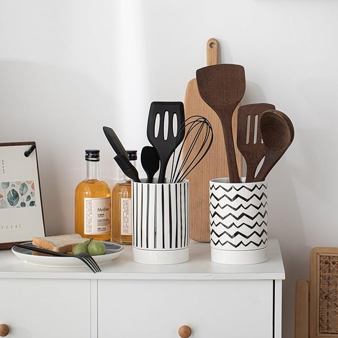 Small Utensil Holder for Kitchen Counter 4.1 x 6 Inches Ceramic Cooking Utensil Crocks Countertop Organizer Vintage Farmhouse Kitchen Decor Caddy,Stripe