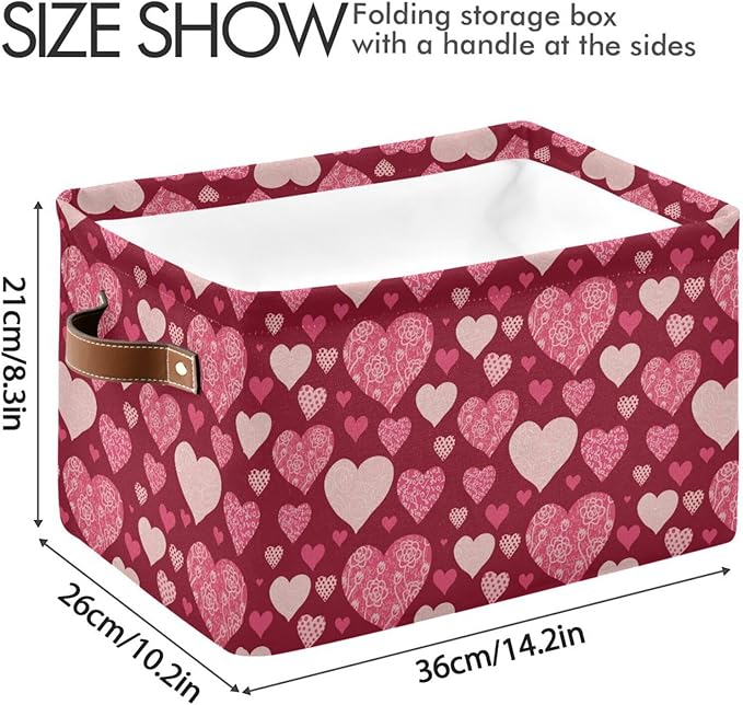 Happy Valentine's Day Storage Basket Fabric Kitchen Baskets Valentines Pink Purple Love Heart Open Home Storage Bins Boxes Foldable Organizer Bag Cloth Toy Book Shelf Closet Baskets 16×12×8 Inches