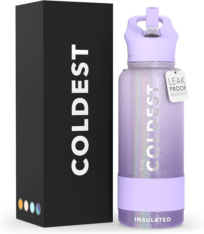 Coldest Sports Water Bottle with Straw Lid Vacuum Insulated Stainless Steel Metal Thermos Leak Proof Flask for Sports Gym (32 oz, Purple OmbrΓ© Glitter)