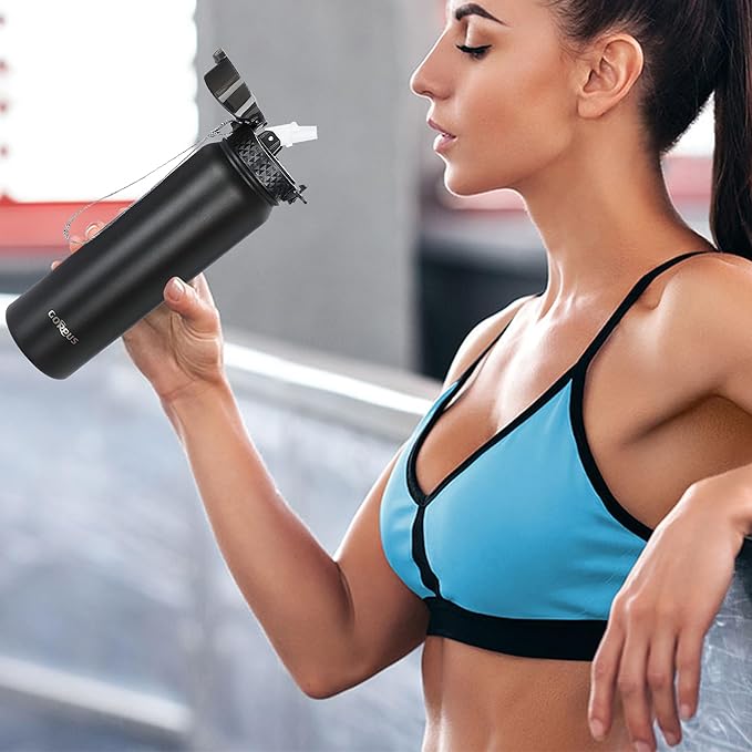 GOPPUS 32 oz Sports Water Bottle 1 Liter Double Wall Insulated Stainless Steel Water Bottles with Straw Lid Reusable Leak proof Metal water bottles with Strap Handle(Black 1 lid)
