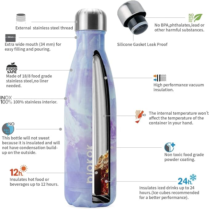 BJPKPK Insulated Water Bottles, 17oz Stainless Steel Water Bottles, Sports Water Bottles Keep Cold 24 Hours and Hot 12 Hours,Dawn