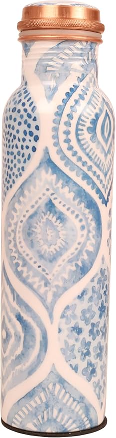 Pure Copper Water Bottle - Handcrafted - Ayurveda health benefits - Large 35 oz - Leak proof - Easy to carry for Sports, Fitness, Yoga, School - Sky Blue Artistic Patterns Enamel