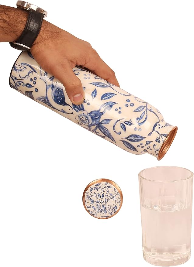 Pure Copper Water Bottle - Handcrafted - Ayurveda health benefits - Large 35 oz - Leak proof, Easy to carry for Sports, Fitness, Yoga, School- White Base Indigo Blue Floral Textured Enamel