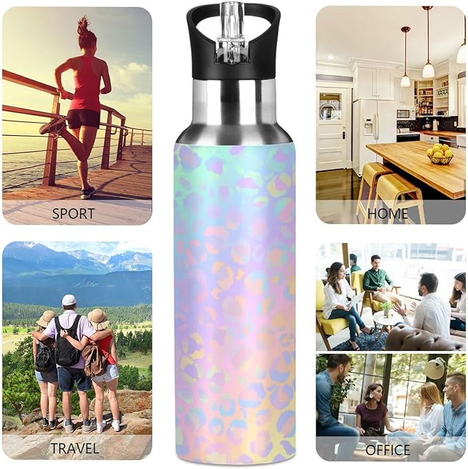 senya 20 Oz Water Bottle with Straw Rainbow Leopard Print Neon Stainless Steel Water Bottle for Traveling Sports Leakproof Insulated Water Bottle
