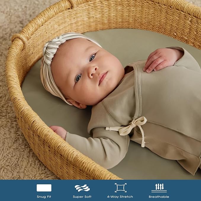 GRSSDER Stretchy Ultra Soft Fitted Bassinet Sheet 2 Pack, Universal Fit for Bassinets Baby Cradle Moses Basket Oval Rectangle Mattress Safe and Snug, Jersey Bassinet Sheets for Girls, Sage