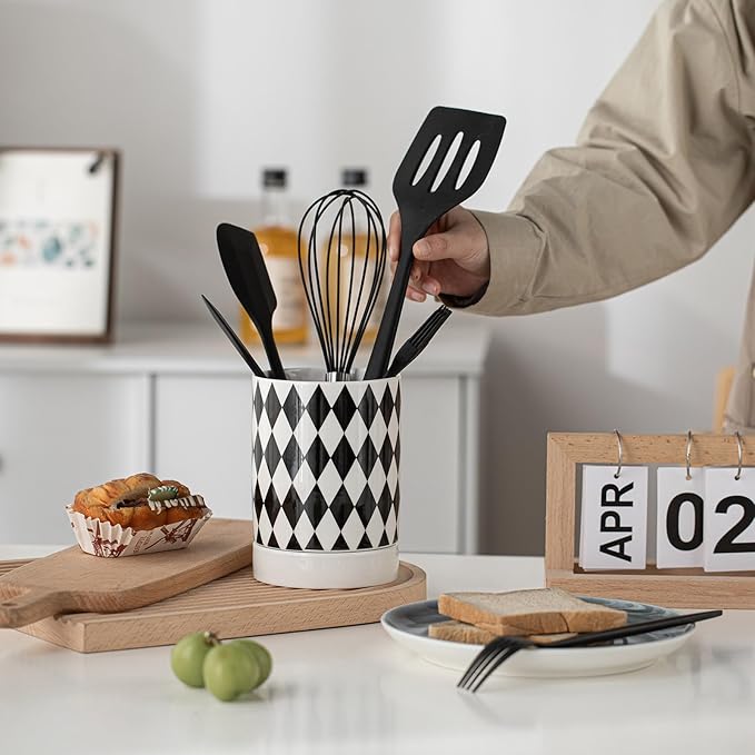 Small Utensil Holder for Kitchen Counter 4.1 x 6 Inches Ceramic Cooking Utensil Crocks Countertop Organizer Vintage Farmhouse Kitchen Decor Caddy,Diamond