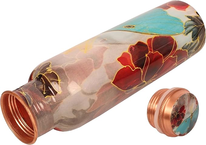 Pure Copper Water Bottle - Handcrafted - Ayurveda Health Benefits - Large 35 oz - Leak proof - Easy to carry for Sports, Fitness, Yoga, School - Textured Red Floral Patterns