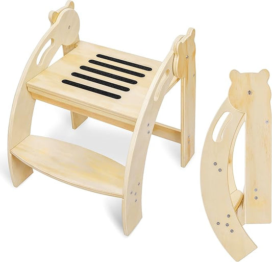 Foldable Step Stool for Toddlers, Kids Stool with 14.9-Inch Wide Step, Safety Handles, Anti-Slip Strips, Toddler Step Stool for Bathroom Sink, Toilet, Kitchen Wooden 2 Step Stool