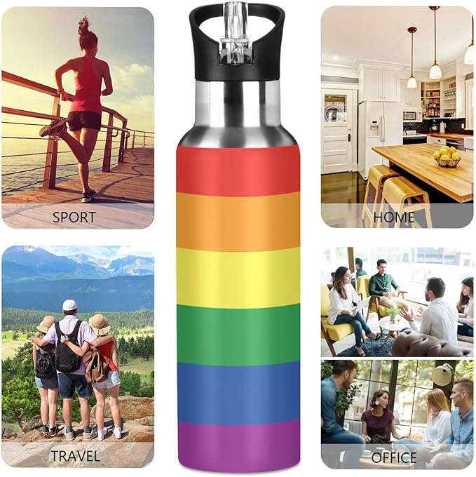 20oz Gay LGBT Rainbow Pride Flag Sports Water Bottle,Double Wall Vacuum Insulated Stainless Steel Lesbian Water Bottle with Straw Keeps Hot& Cold, Bike Running Travel Pride Day Month Gifts