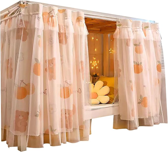 Beautiful Gauze Bunk Bed Curtains Drapes with Lace Privacy Bed Canopy for Bottom, 2 Panels, Orangebear