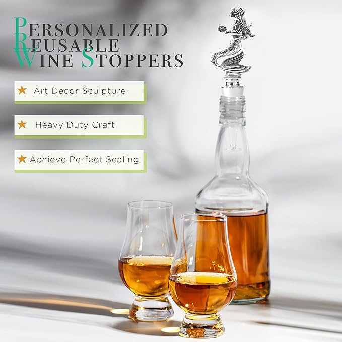 Homestia Wine Bottle Stoppers for Glass Bottles, Mermaid Bottle Stopper Reusable Wine Corks Wine Tool, Zinc-Alloy Silicone Wine Stoppers, Wine Toppers with Decors