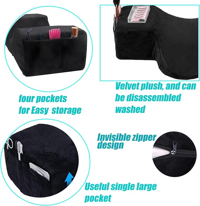 Salon Eyelash Extension Neck Pillow Memory Foam Lash Pillow with Neck and Back Support,Ergonomic lash Bed Pillow with Velvet Pillowcase Beauty Lash Pillow for Lash Extensions(Black)