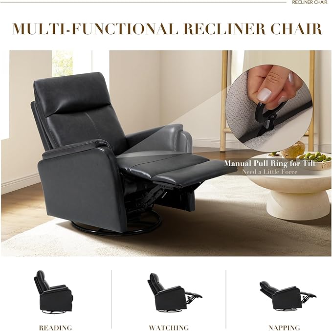 Swivel Rocking Recliner Glider Chair, Leather Reclining Rocker Chair with Footrest for Living Room, Nursery, Office, Bedroom, Ergonomic High Backrest, Wide Seat Cushion and Metal Base-Charcoal