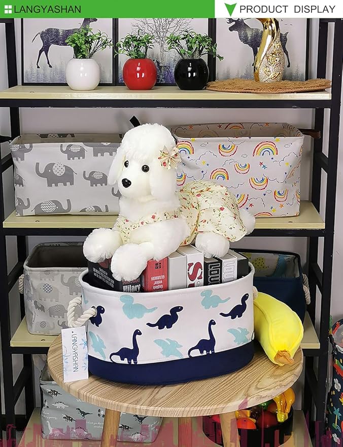 LANGYASHAN Oval Storage Basket Collapse Canvas Fabric Cartoon Storage Bin with Handles for Organizing Home Kitchen Boys and Girls Toy Office Closet Shelf Baskets (Dinosaur)